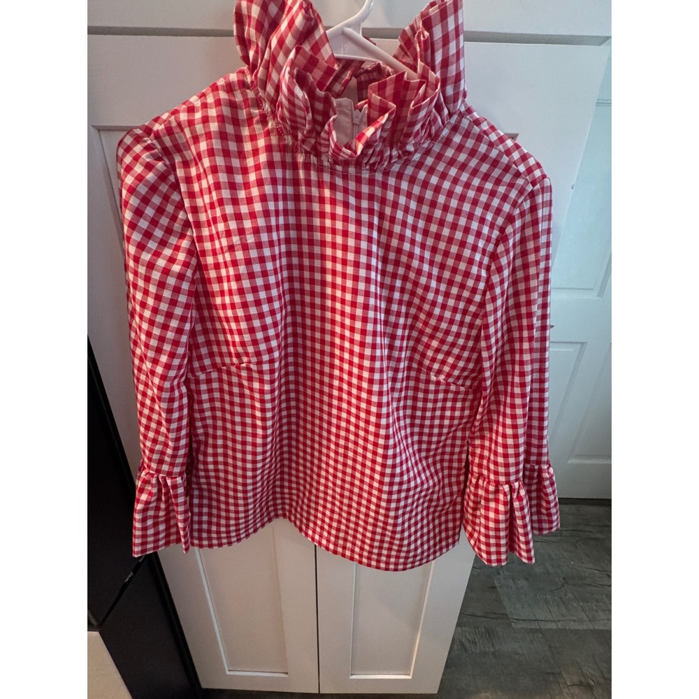 Elizabeth Wilson Red Gingham Ruffle High Neck Bell Sleeve Blouse Top XS